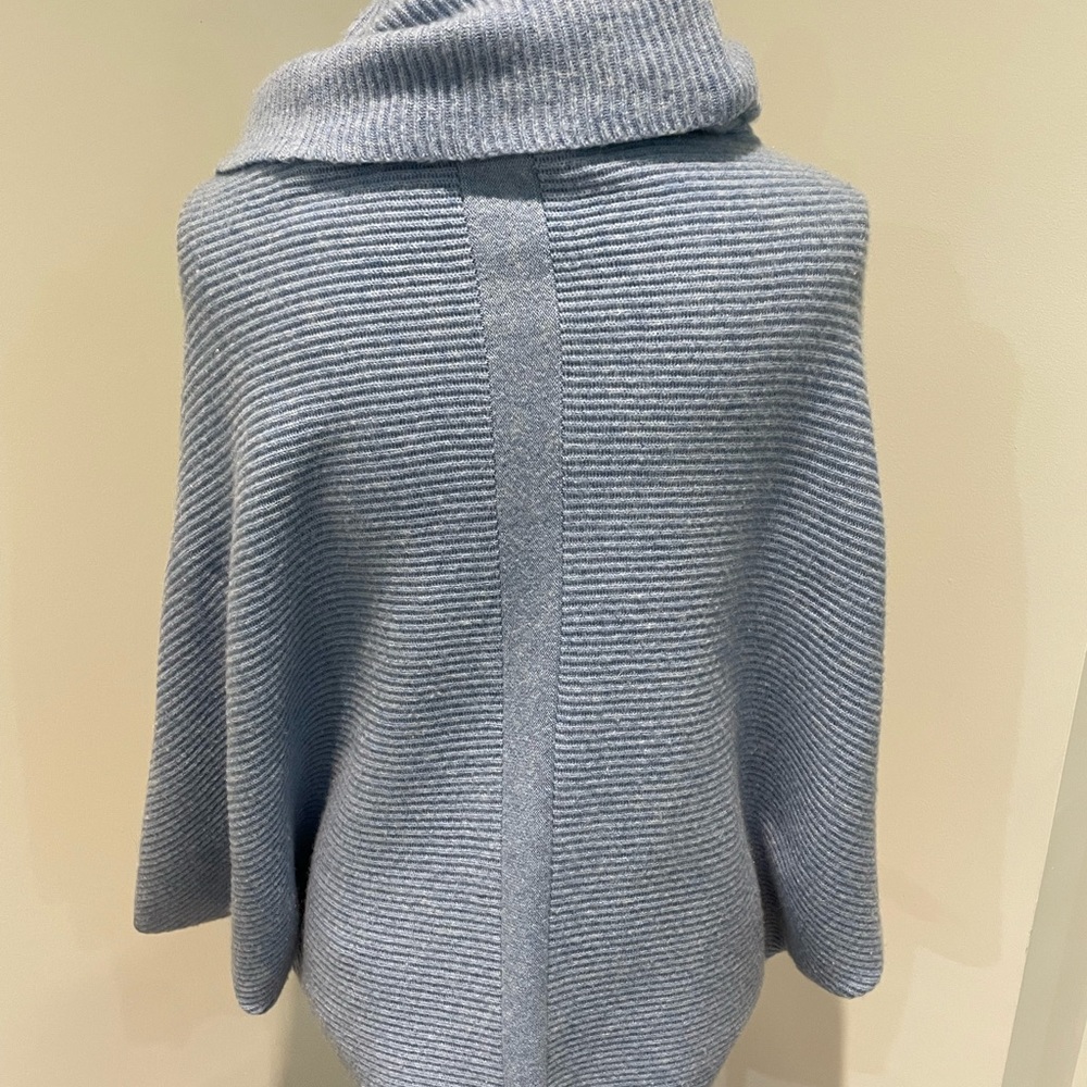 100% Cashmere Cowl Neck Ribbed Knit Poncho Sweater - Light Blue - Picture 5 of 6